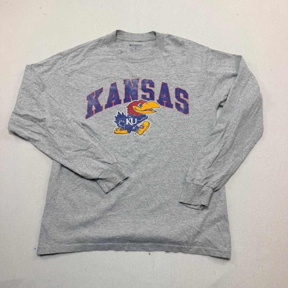 Champion T-Shirt Mens Medium Grey Excellent Kansas Jayhawks Long Sleeve Graphic